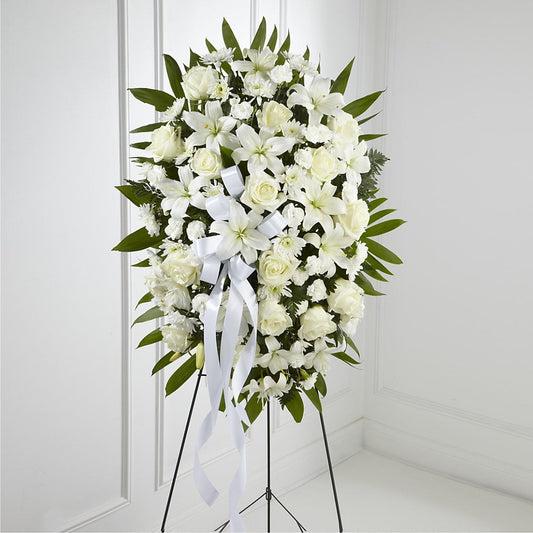 Exquisite Tribute Standing Spray-White Ribbon –  Paoli Mercantile, Paoli IN
