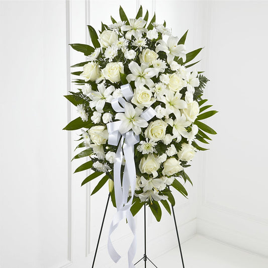 Exquisite Tribute Standing Spray-White Ribbon –  Paoli Mercantile, Paoli IN